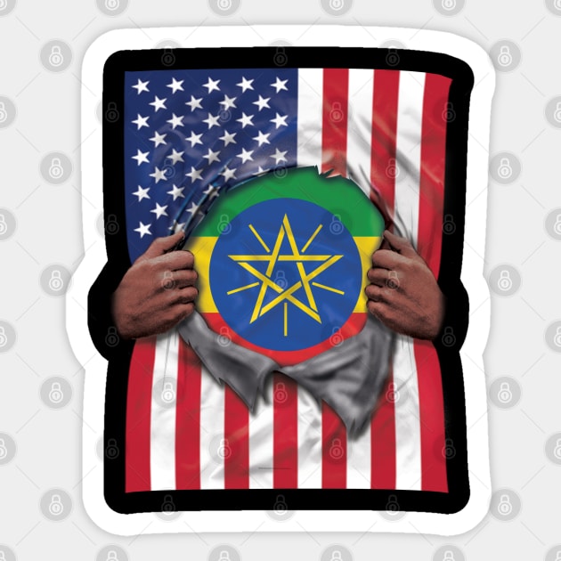 Ethiopia Flag American Flag Ripped - Gift for Ethiopian From Ethiopia Sticker by Country Flags